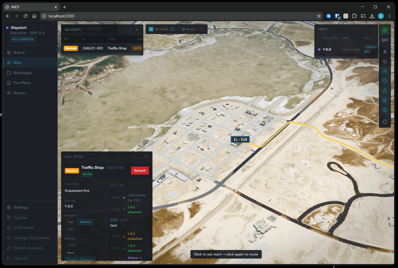 tCAD live dispatch board with 3D satellite map, active units, and call detail